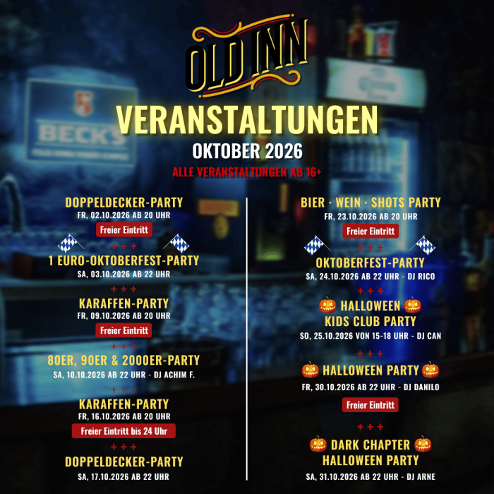 Veranstaltungen Oktober 2026 im Old Inn Club Hildesheim